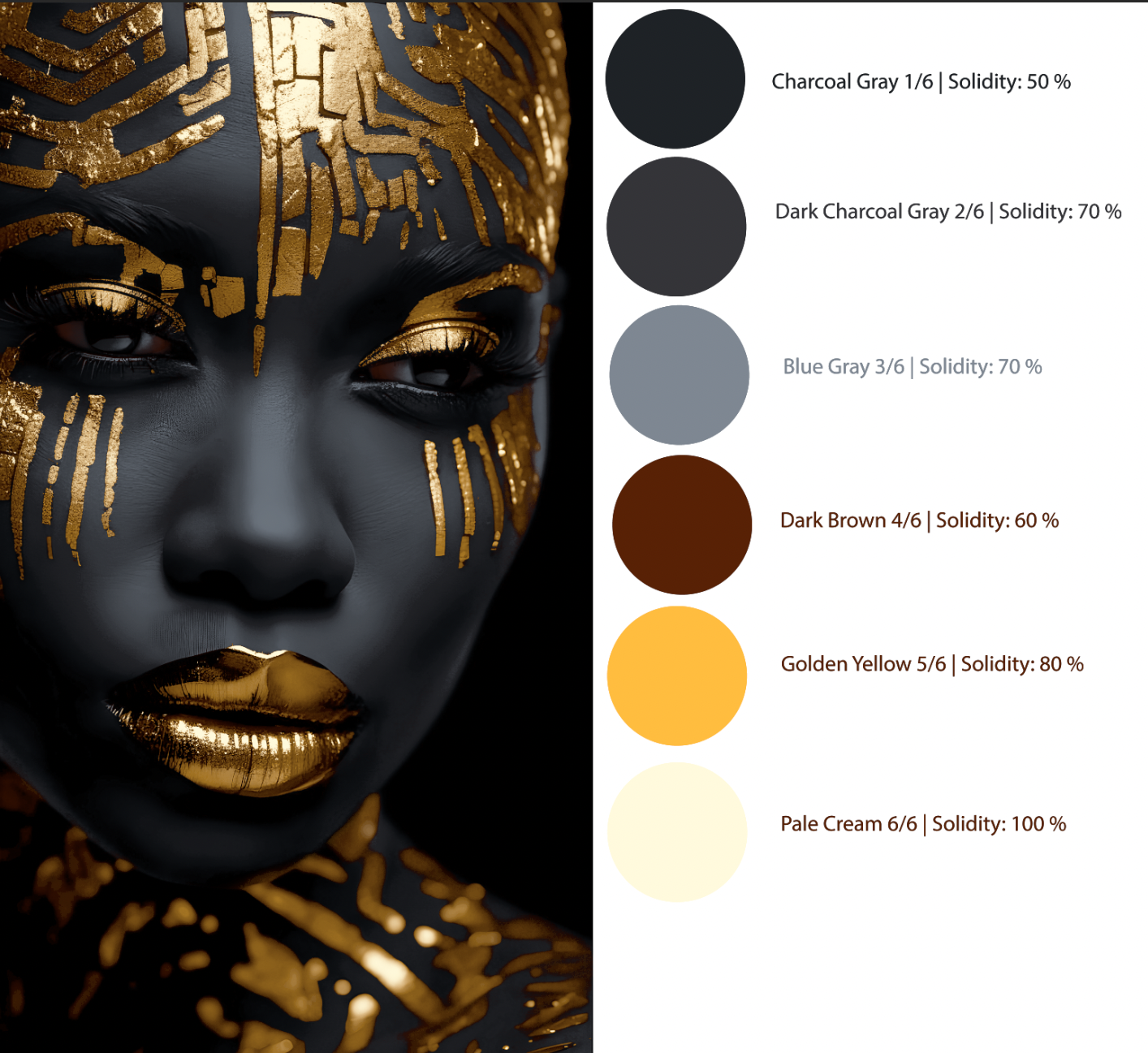 Golden Empress: a face in gray and gold tones, with the six-color sequence and their Solidity values.