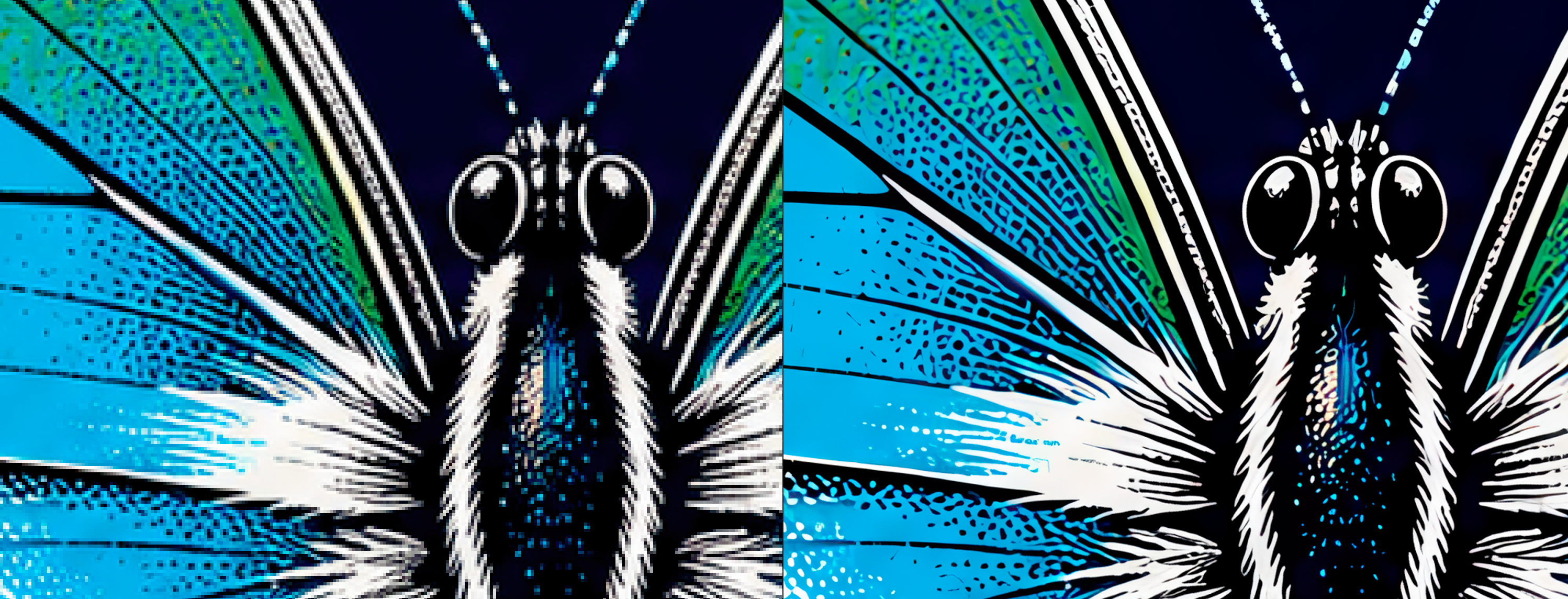 Enlarged comparison of the butterfly before and after upscaling