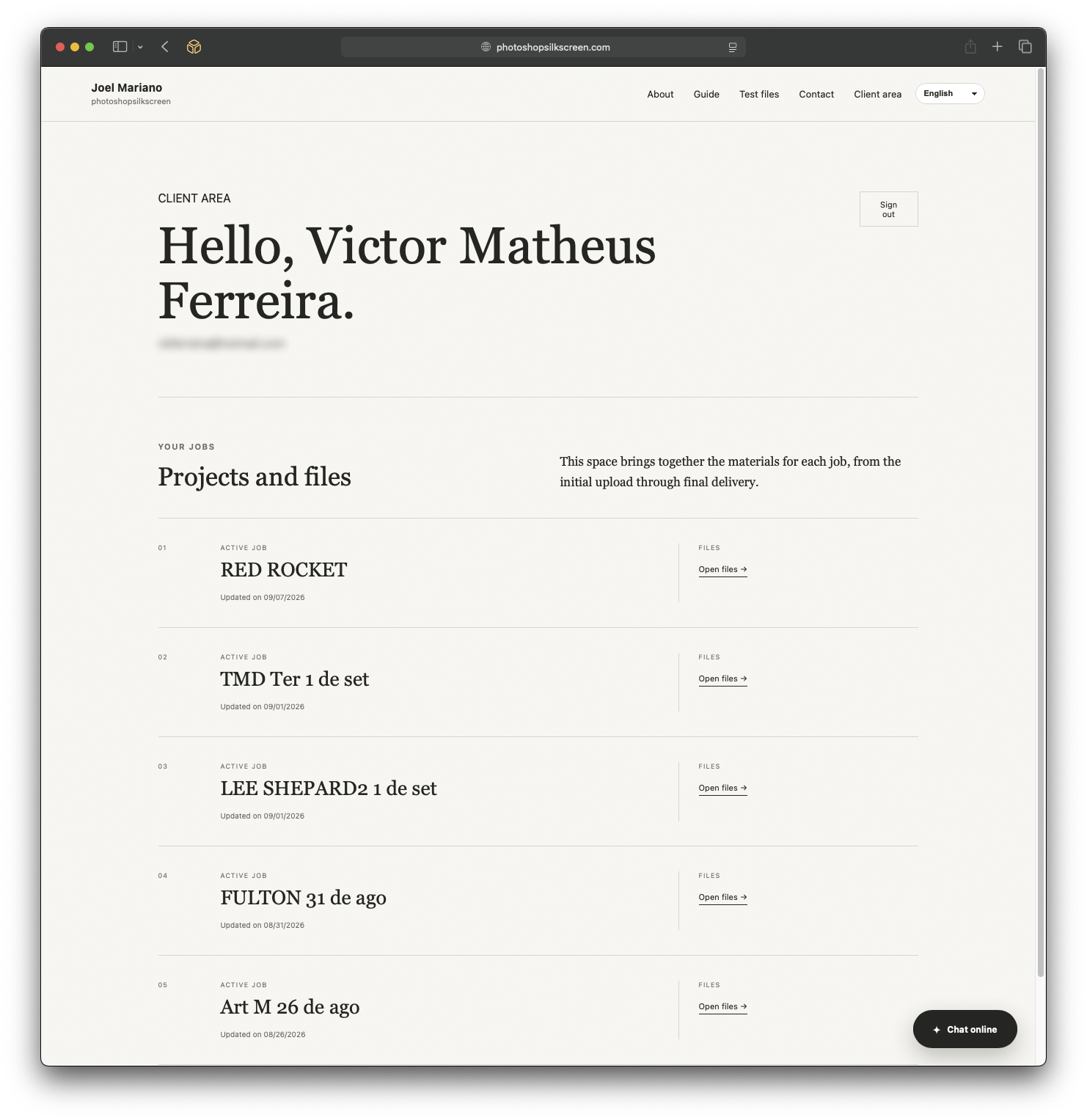 Client Area showing projects and access to each job's files