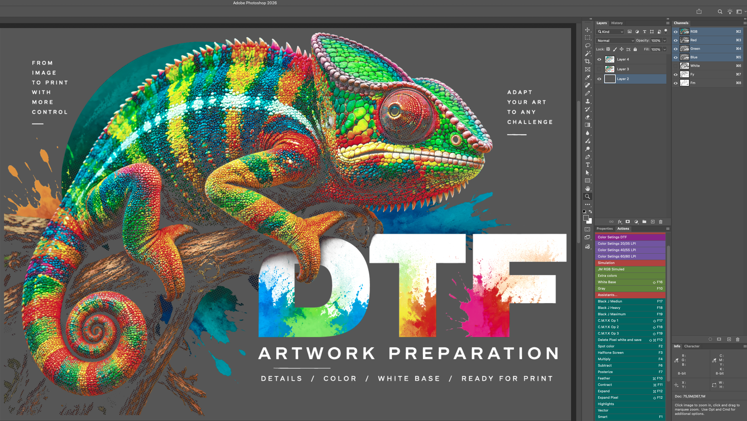 Halftoned chameleon artwork in Photoshop with separate technical channels