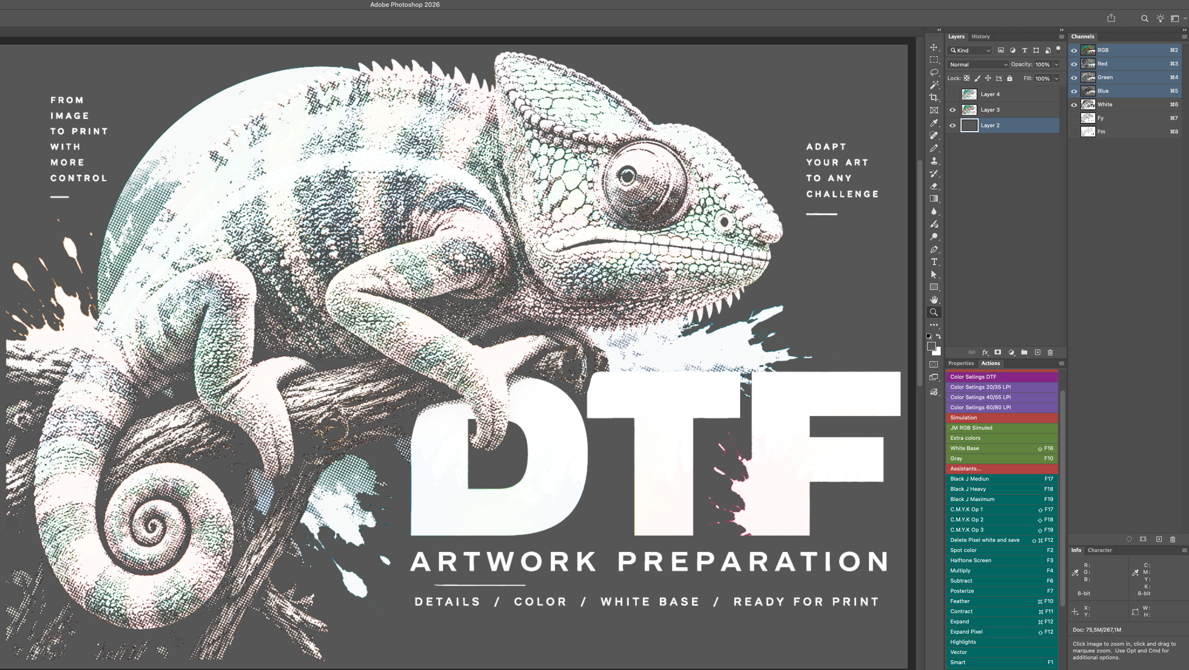 Colorful DTF chameleon artwork with prepared halftones and white base in Photoshop