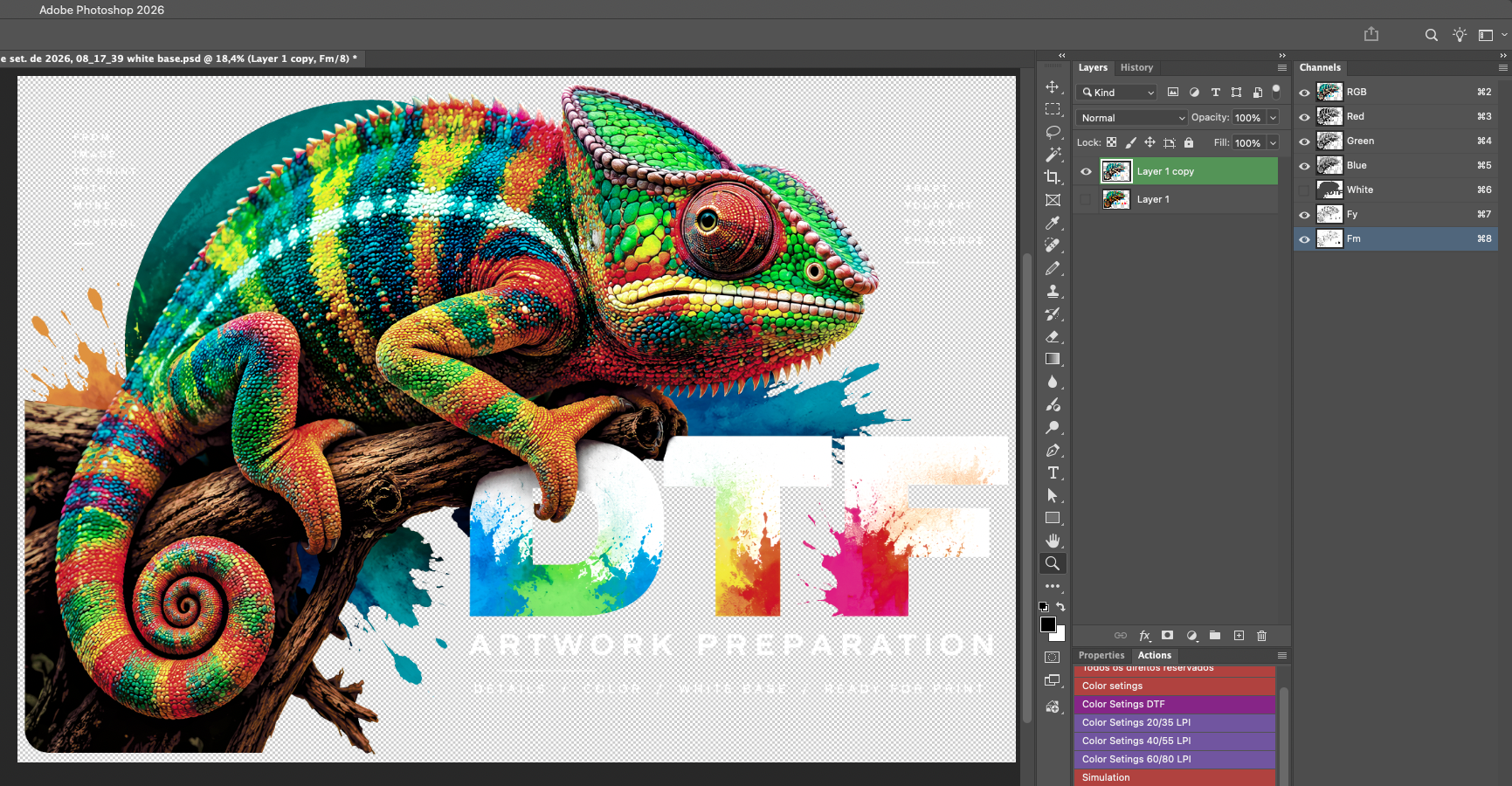 Chameleon artwork in Photoshop with separate FY and FM Spot channels