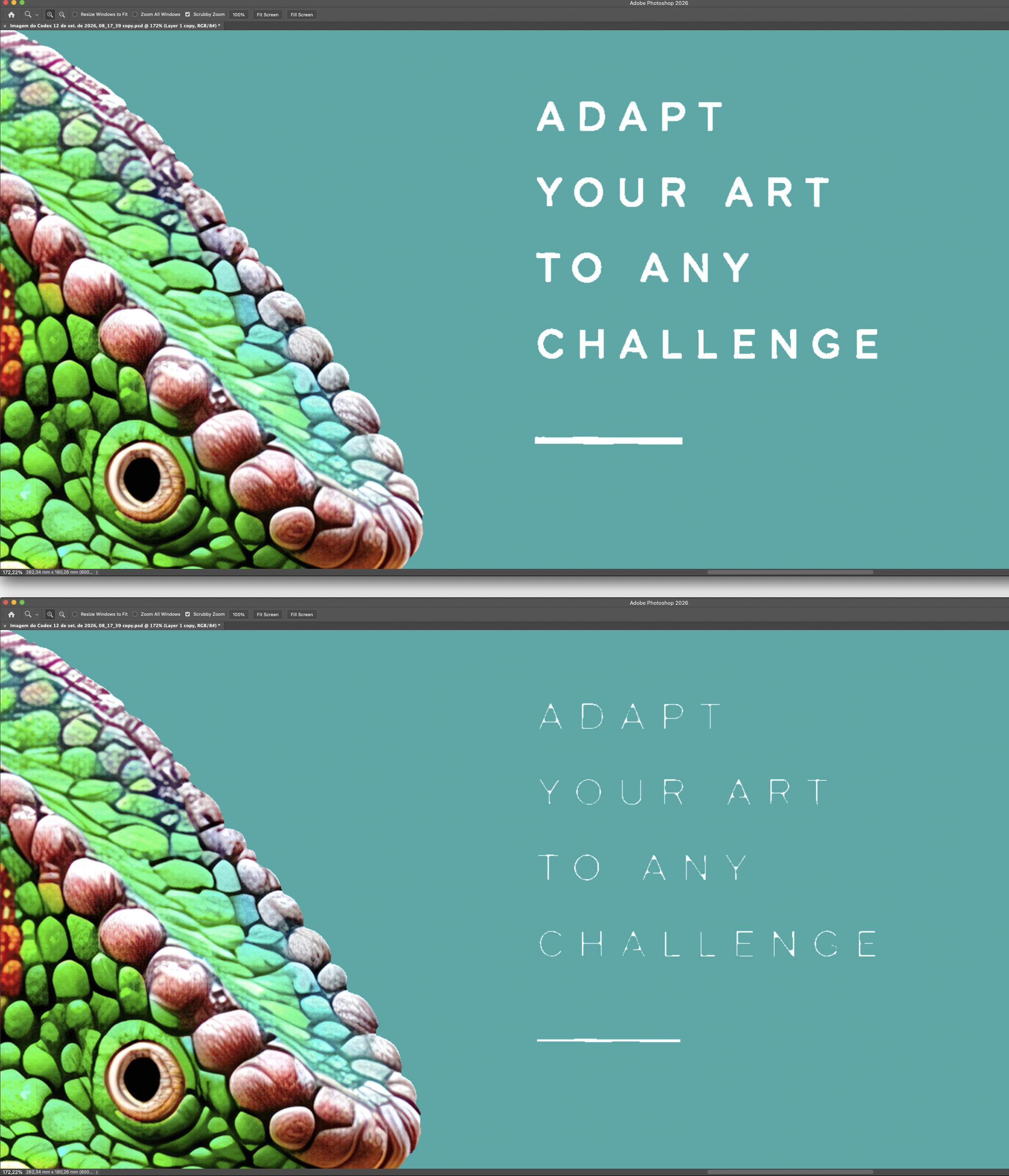 Photoshop comparison showing controlled white-base reduction in fine DTF artwork details