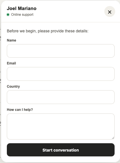 Multilingual chat form for speaking directly with Joel Mariano